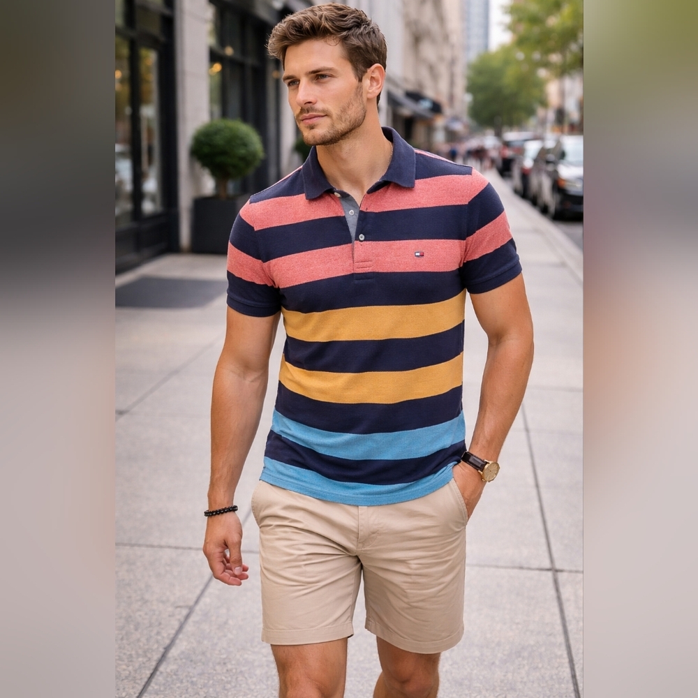 Tommy Hilfiger Men's Slim Fit Striped Polo Shirt Size M Cotton Casual